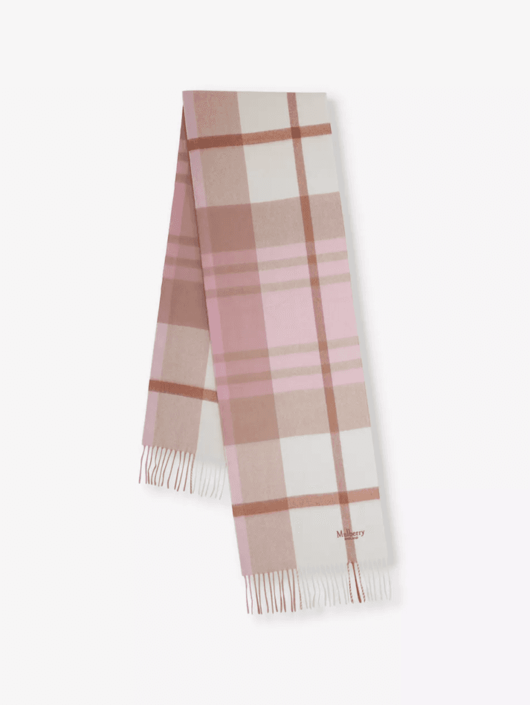 Mulberry Check Pattern Logo Embroidered Wool Scarf