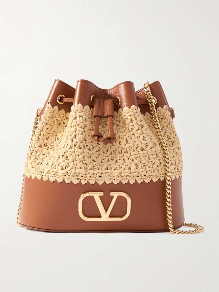 Valentino Garavani VLOGO Mini Leather Woven Raffia Bucket Bag