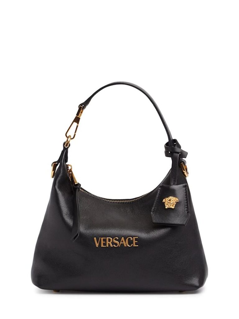 Versace Tag Leather Hobo Bag Black