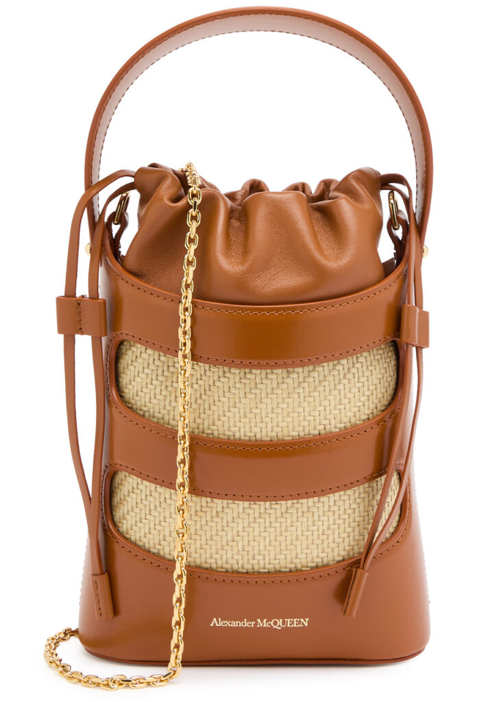 Alexander McQueen The Rise Mini Raffia Leather Bucket Bag