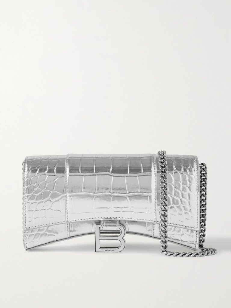 Balenciaga Hourglass Metallic Croc-effect Silver Leather Shoulder Bag